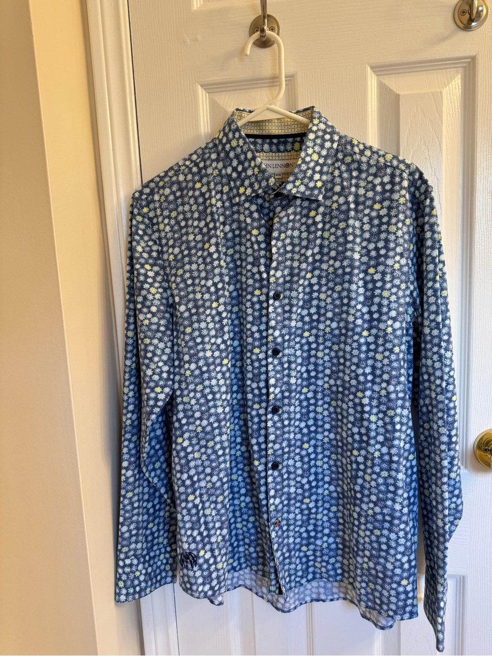 John Lennon Blue Floral Button-Up Shirt with Yellow Accents